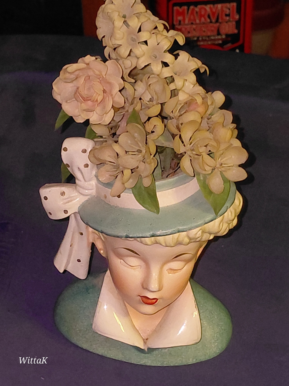 Ceramic Lady Head Vase in Pale Green and Cream